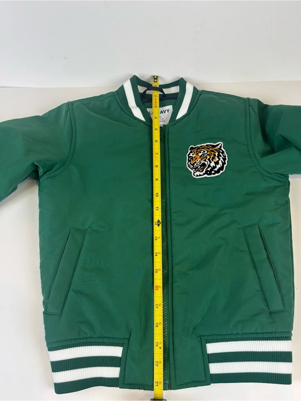 Old Navy Green Varsity Bomber Jacket with Tiger Patch. Small (6-7)